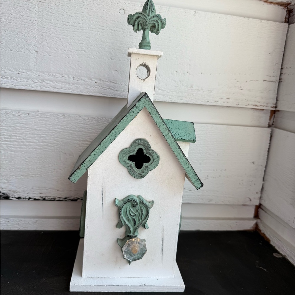Charming White and Green Decorative Birdhouse